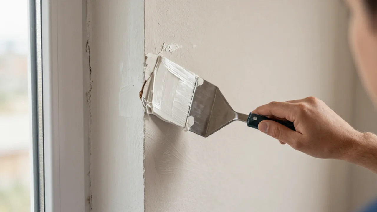 Manos aplicando masilla blanca con una espátula metálica sobre una grieta en la pared.