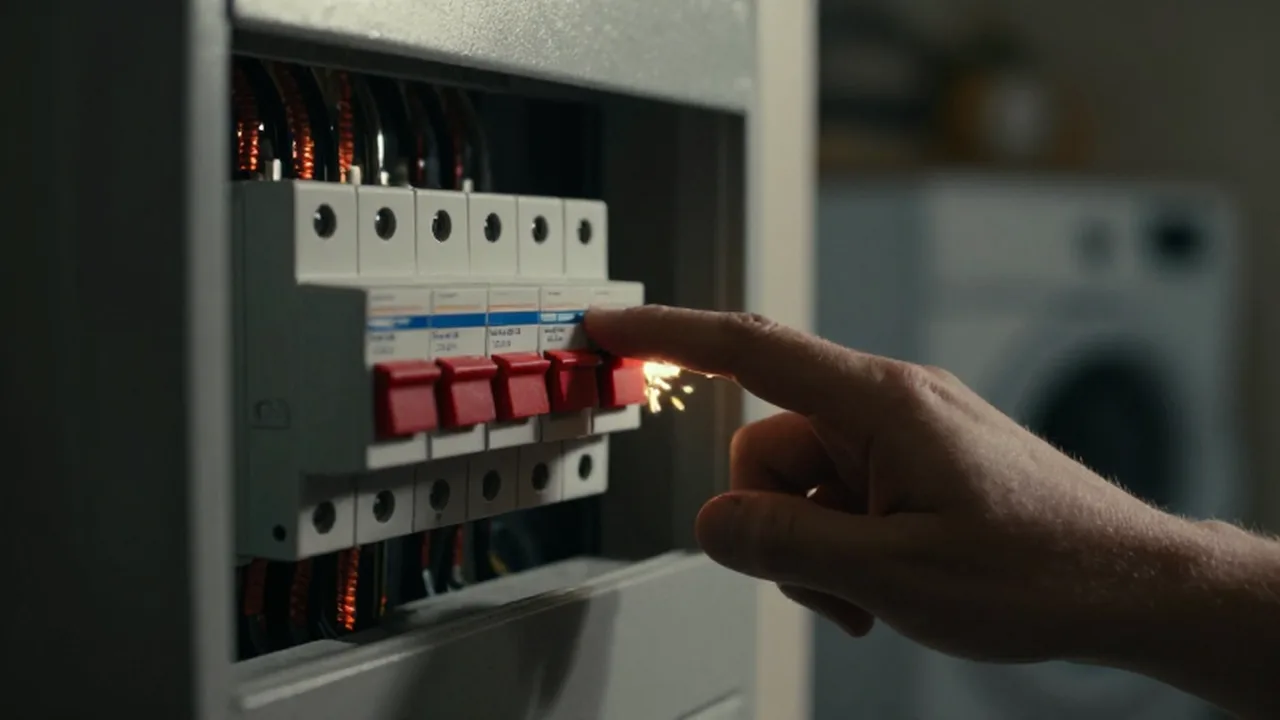 Mano acercándose a un interruptor rojo activado en un panel eléctrico con chispas visibles.