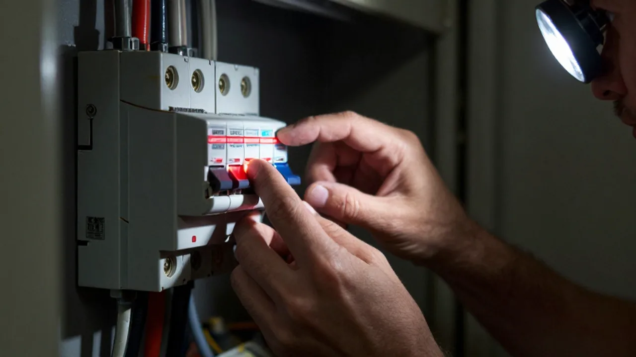 Manos intentando rearmar un interruptor automático en un cuadro eléctrico poco iluminado.