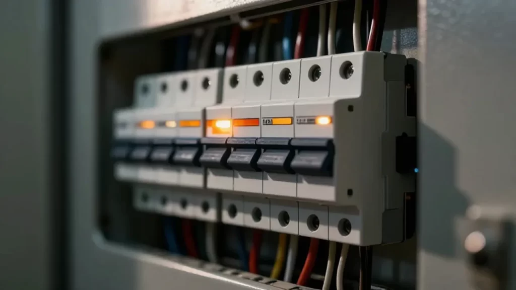 Interruptor automático de un cuadro eléctrico residencial con un botón disparado y luz de advertencia naranja.