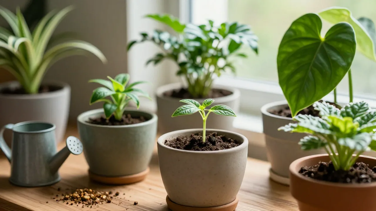 Plantas verdes en macetas de cerámica dispuestas sobre una mesa de madera con una regadera.