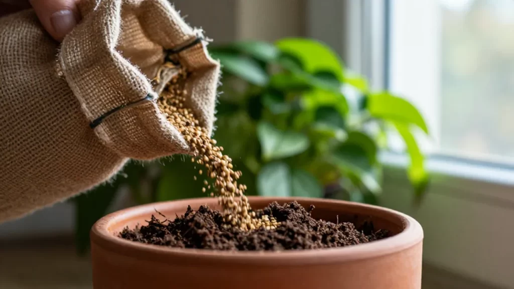Fertilizante orgánico cayendo de un saco de arpillera hacia una maceta con plantas verdes.