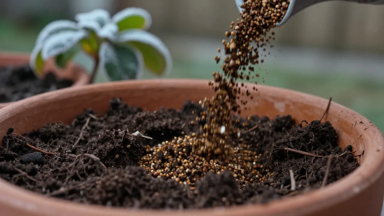 Fertilizante orgánico cayendo sobre la tierra oscura de una maceta de terracota con plantas invernales al fondo.