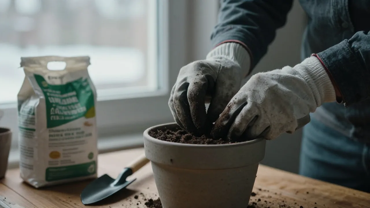 Manos con guantes de jardinería inspeccionan la tierra seca de una planta en maceta.