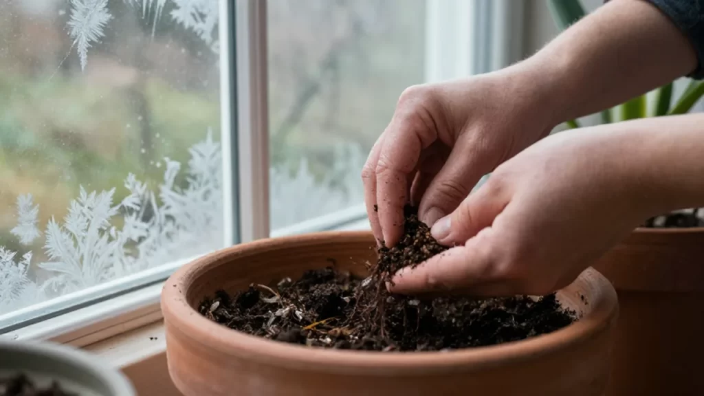 Manos de un jardinero esparciendo compost orgánico sobre la tierra de una planta en maceta.