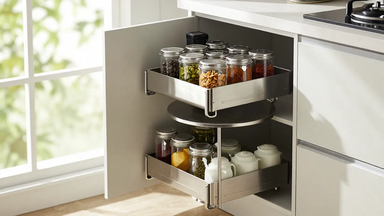 Organizador giratorio de acero inoxidable con estantes metálicos y frascos de especias en un armario de cocina.