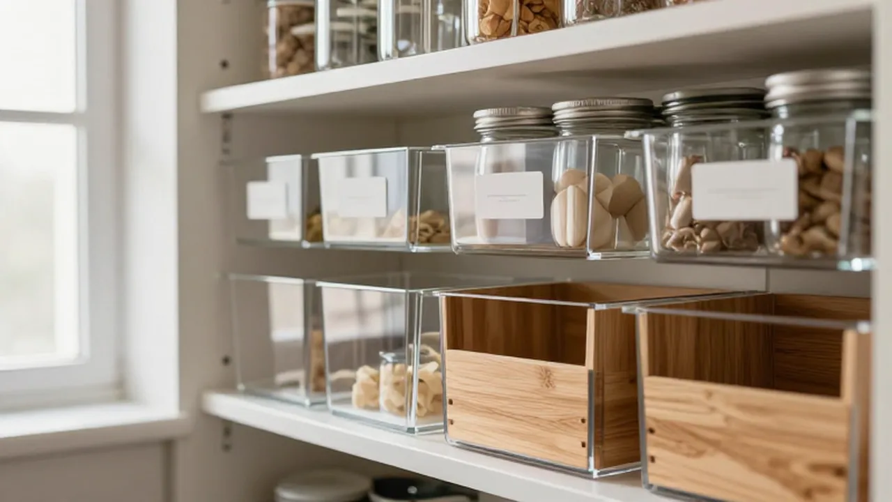 Despensa moderna y organizada con recipientes de acrílico, frascos de vidrio y divisores de madera.