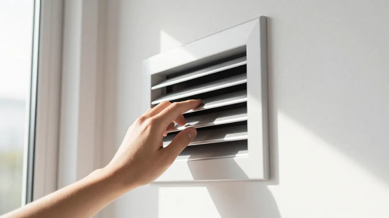 Mano ajustando las láminas metálicas de una rejilla de ventilación moderna en una pared blanca.