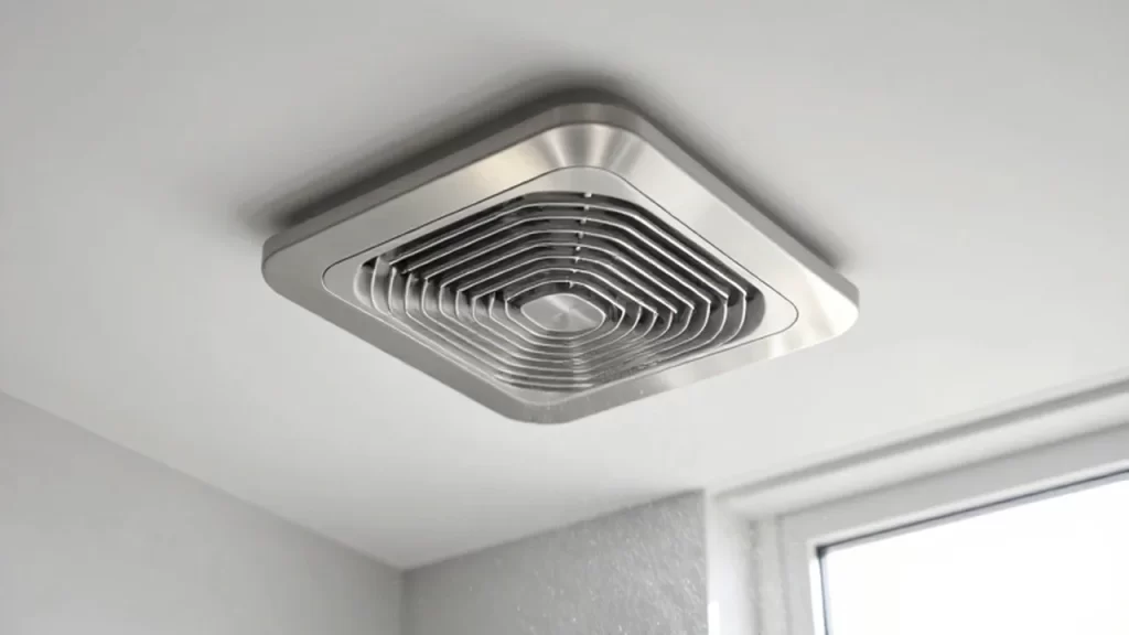 Extractor de ventilación de acero inoxidable instalado en un techo blanco de un baño moderno.