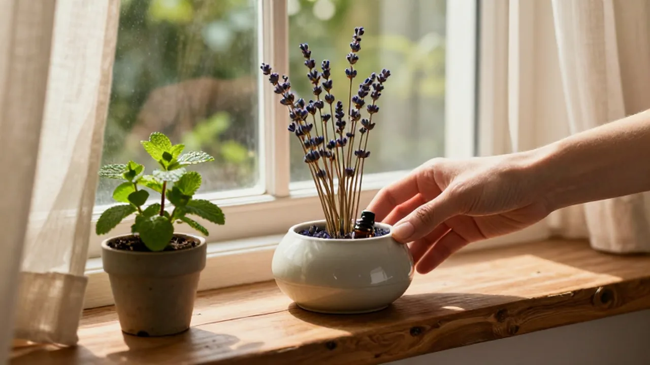 Mano colocando un difusor de cerámica con lavanda junto a una planta de menta en un alféizar.