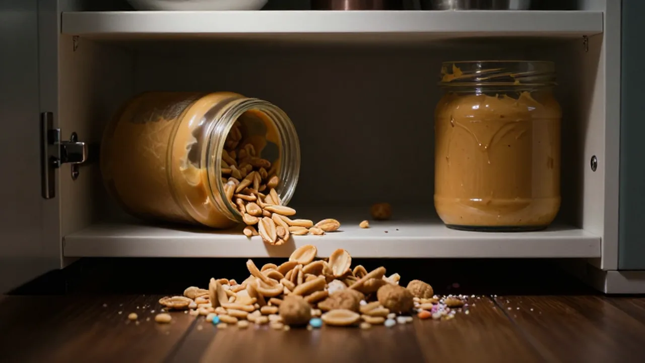 Frasco de crema de cacahuate abierto junto a cereales derramados sobre una repisa de madera.