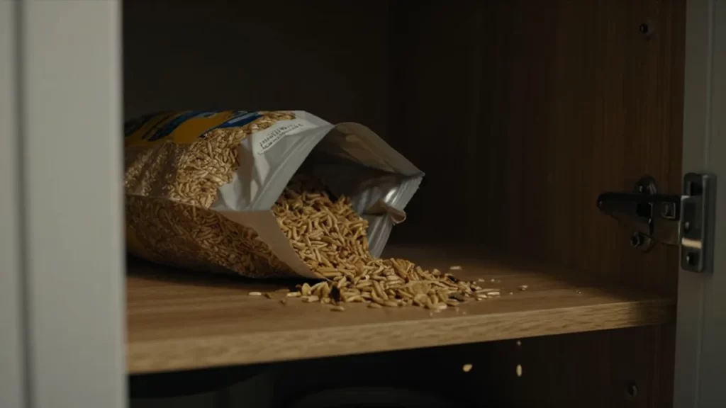 Semillas de pájaro y granos de cereal esparcidos sobre un estante de madera en una alacena oscura.