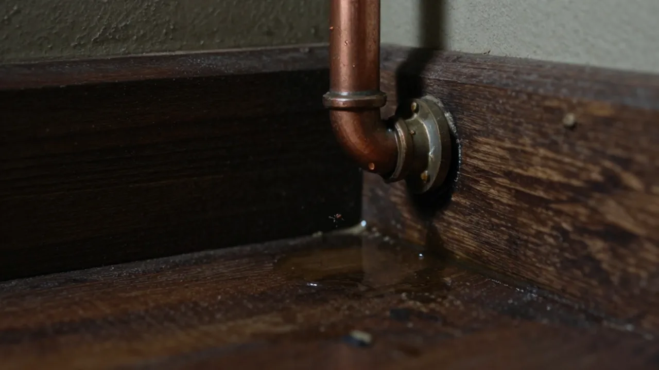 Agua estancada bajo una tubería de cobre con gotas de condensación en madera húmeda.