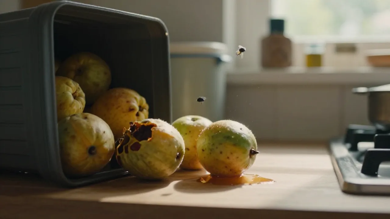 Fruta madura y un cubo de basura desbordante sobre una encimera de cocina con luz solar.