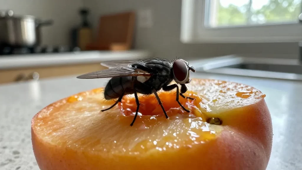 Una mosca posada sobre una rodaja de melocotón maduro y jugoso en una encimera.