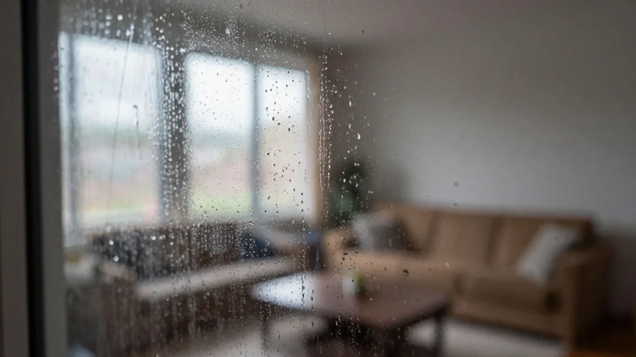 Gotas de condensación acumuladas en el cristal de una ventana con un salón desenfocado al fondo.