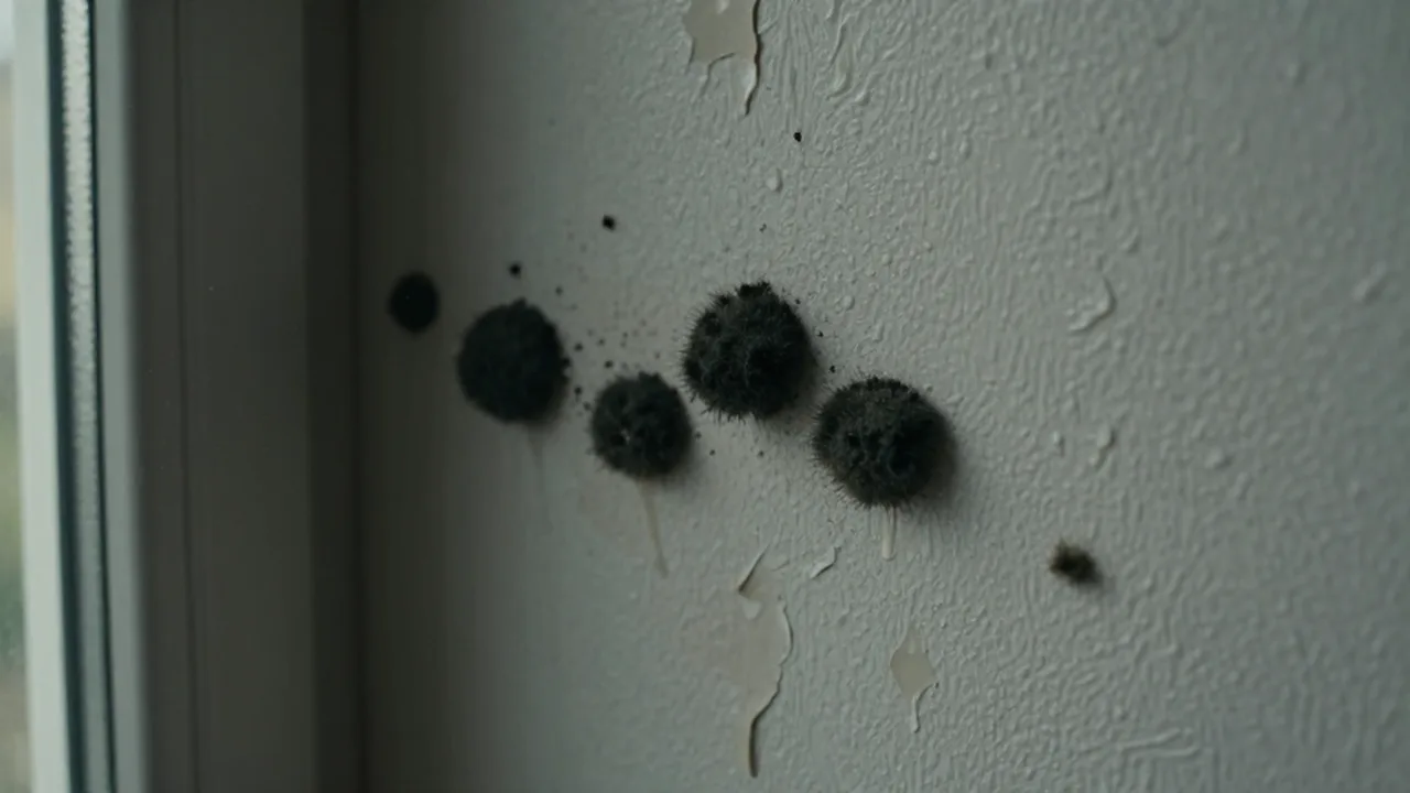 Manchas de moho negro y humedad extendiéndose sobre la pintura descascarada de una pared.
