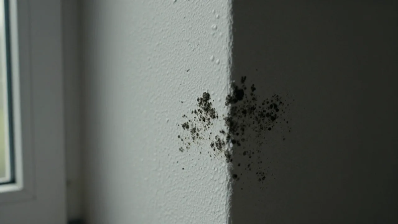Manchas de moho oscuro y gotas de humedad sobre la pared blanca de una habitación.