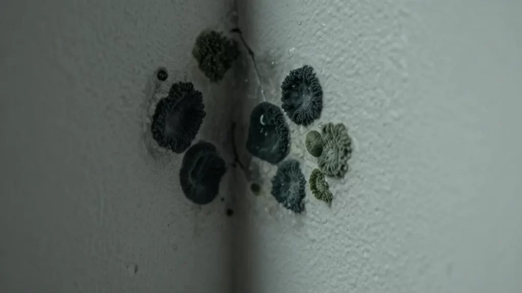 Manchas de moho negro y verde que se extienden por una esquina de pared húmeda.