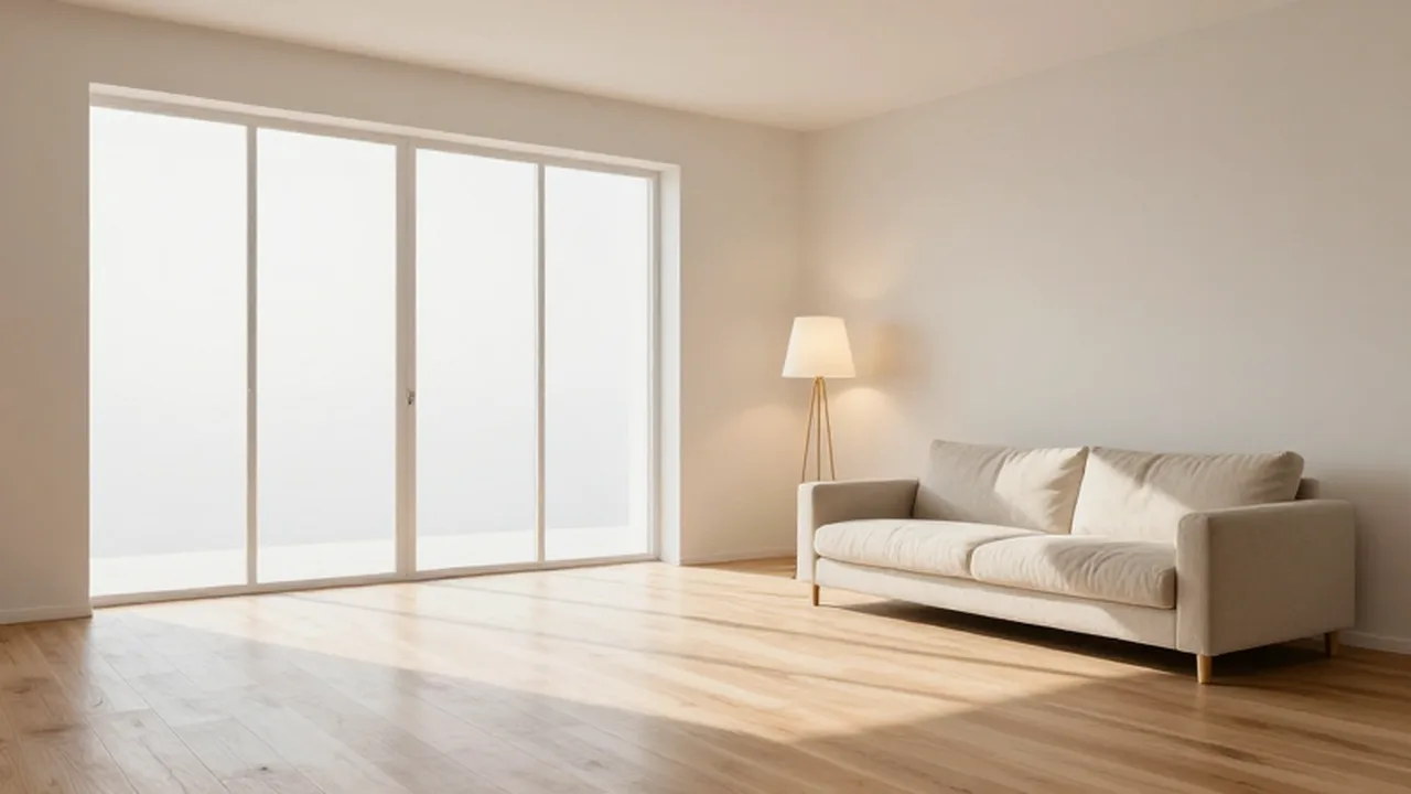 Salón moderno y luminoso con paredes claras, un sofá de lino y luz natural.