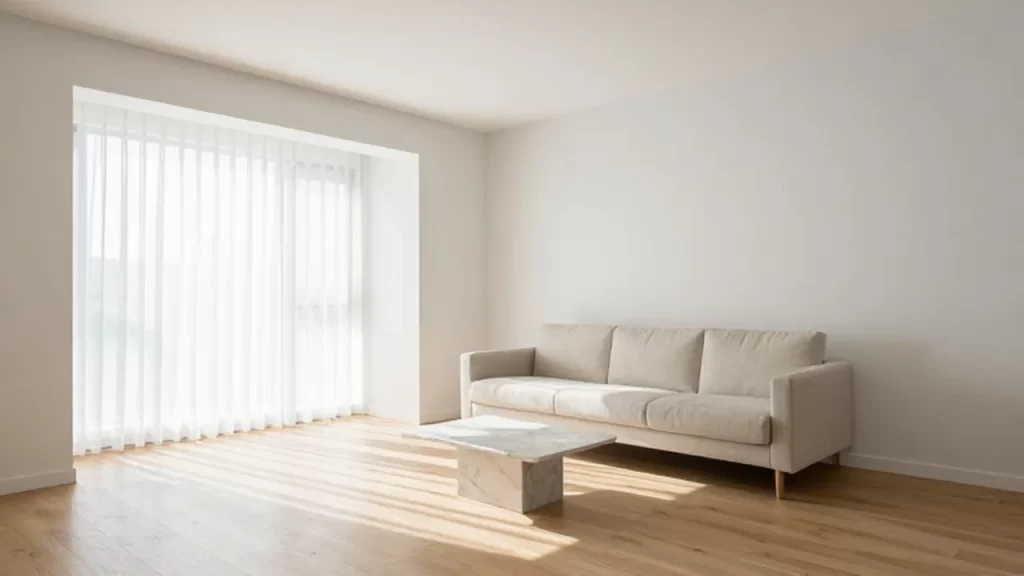 Salón moderno y luminoso con sofá beige