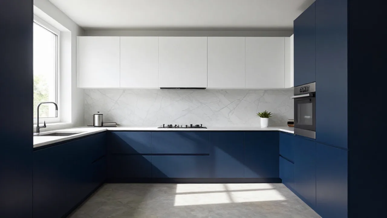 Cocina moderna de diseño minimalista con armarios azul marino, encimeras de mármol y luz natural.