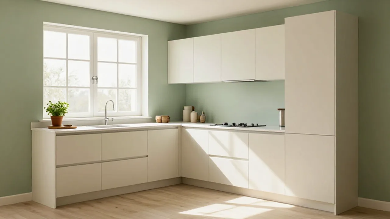 Cocina moderna y luminosa con armarios verde salvia, encimeras de mármol y una pequeña planta aromática.