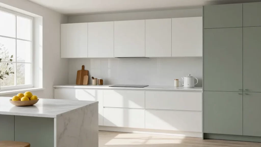 Cocina pequeña con gabinetes blancos y verdes