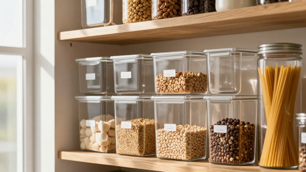 Estantes de madera con recipientes de vidrio y contenedores acrílicos organizados en una despensa moderna y luminosa.