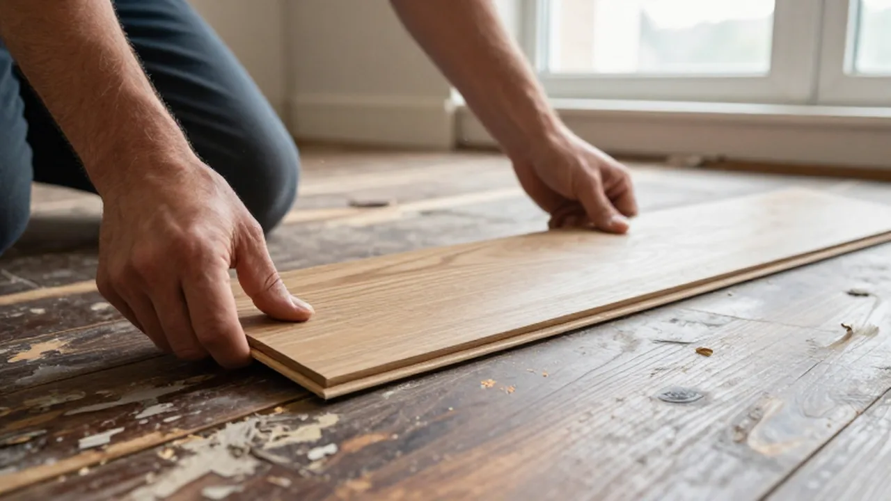 Manos colocando una tabla de suelo laminado de roble claro sobre un pavimento de madera desgastado.