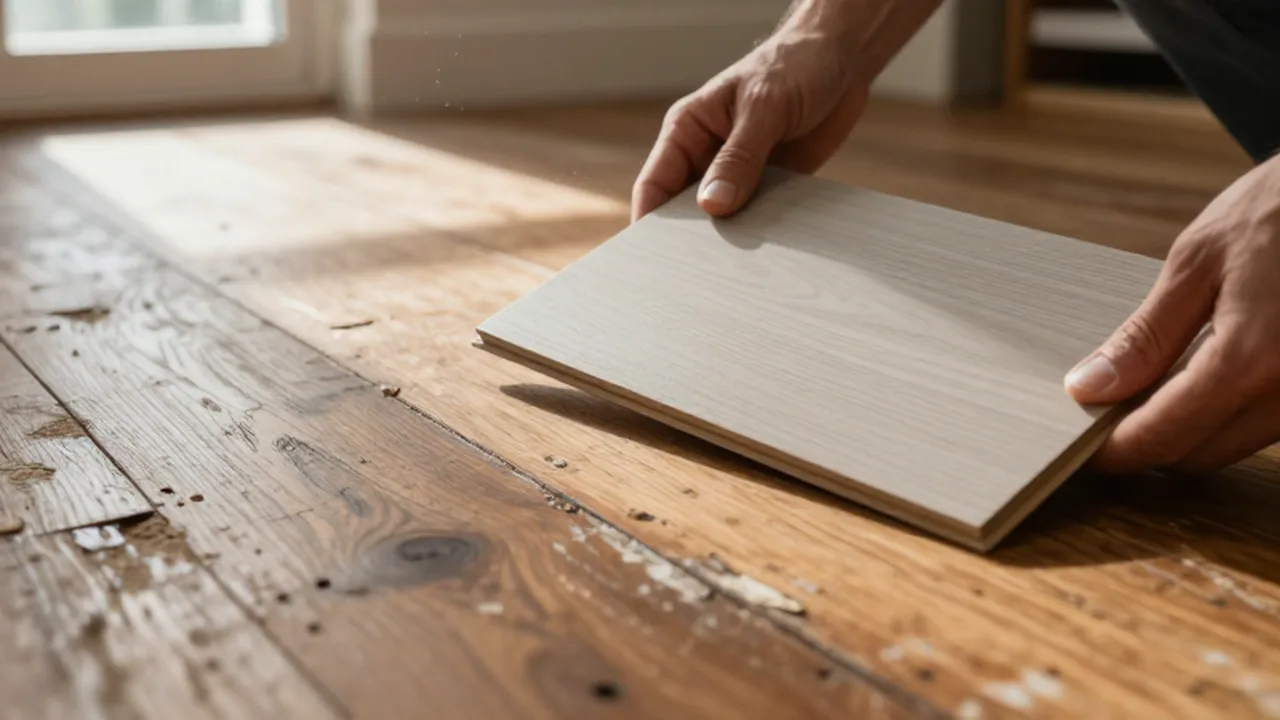Manos sosteniendo una muestra de suelo vinílico de lujo sobre un piso de madera desgastado.