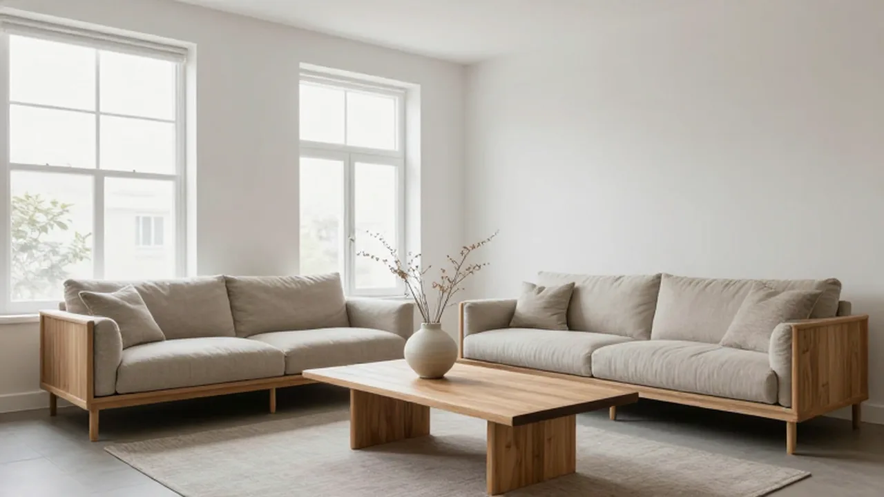 Sala de estar escandinava luminosa con muebles de madera clara, textiles de lino y un jarrón minimalista.