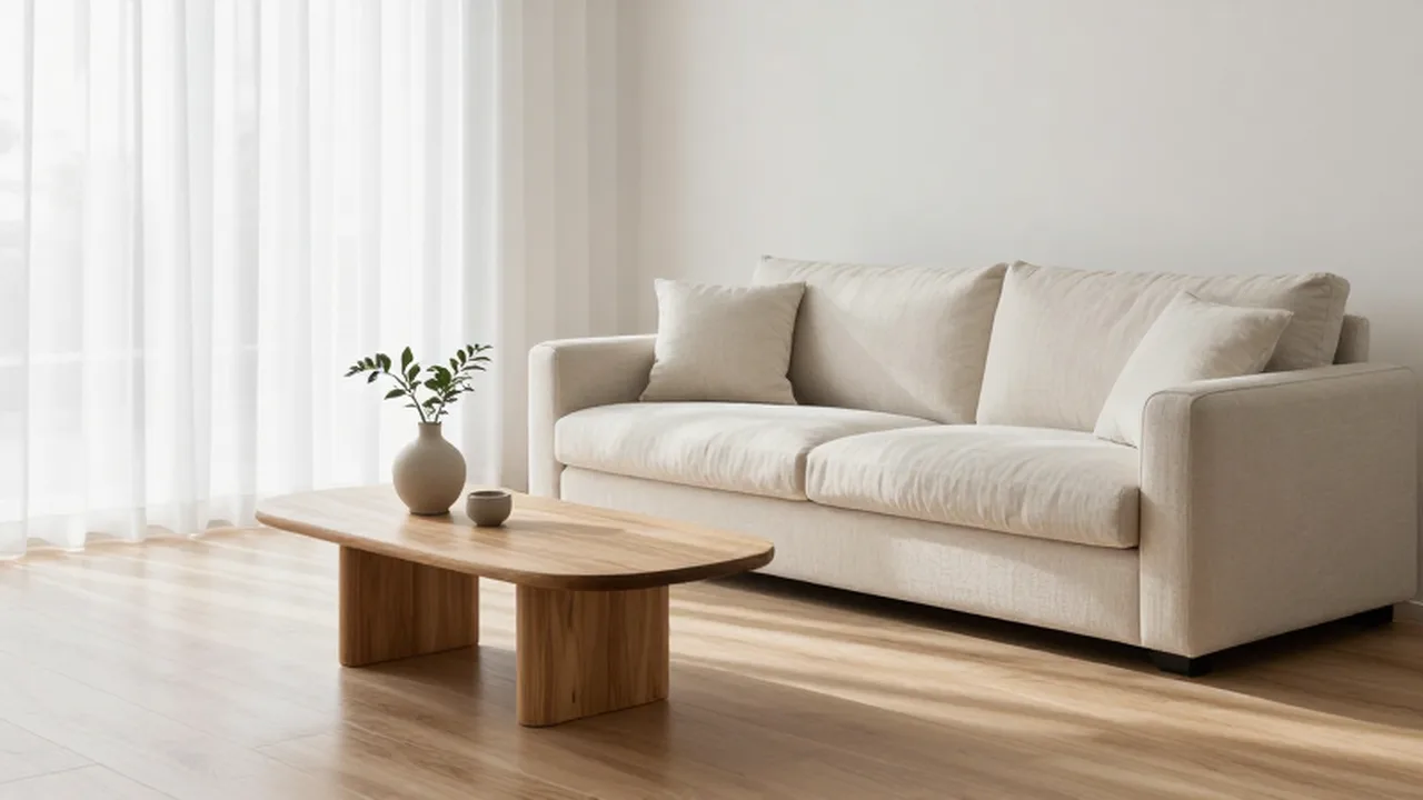 Salón minimalista de estilo escandinavo con sofá crema, mesa de madera y luz natural suave.