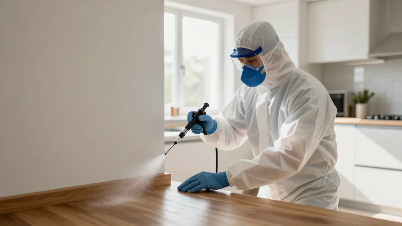 Técnico de control de plagas con equipo de protección aplicando un tratamiento en el rodapié de una cocina.