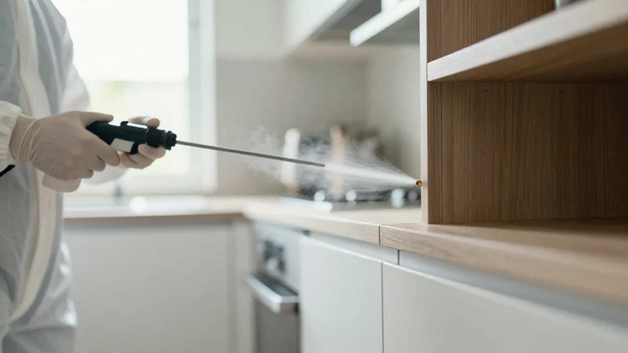 Técnico de control de plagas aplicando gel con precisión en el rincón de un mueble de cocina.