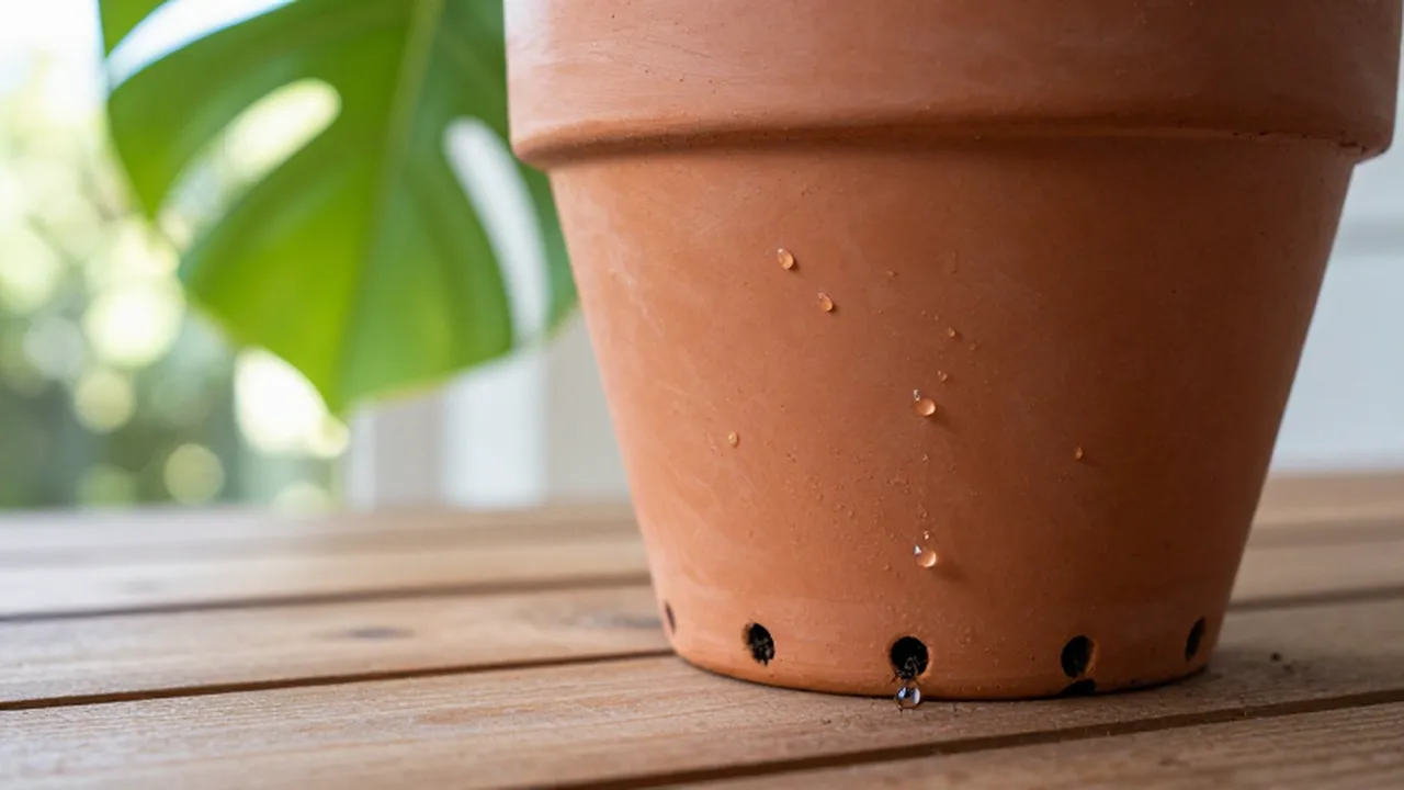 Gotas de agua brotan de los agujeros de drenaje de una maceta de terracota sobre una mesa de madera.