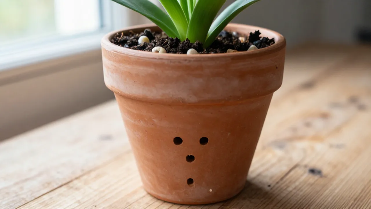 Planta verde en una maceta de terracota con piedras de drenaje sobre un banco de madera.