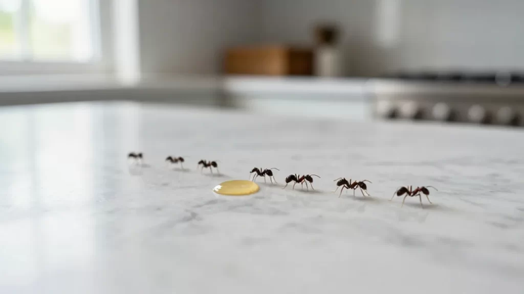 Hilera de hormigas negras cruzando una encimera de mármol blanco junto a una gota de miel.
