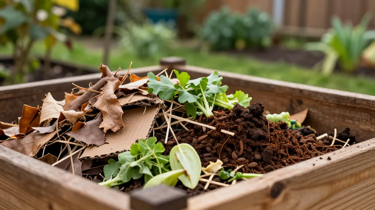 Montón de restos orgánicos, hojas secas y restos de vegetales en un compostador de madera.