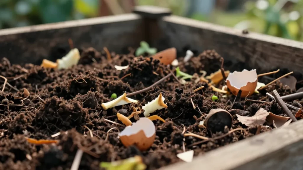 Tierra de compost oscuro con restos de vegetales