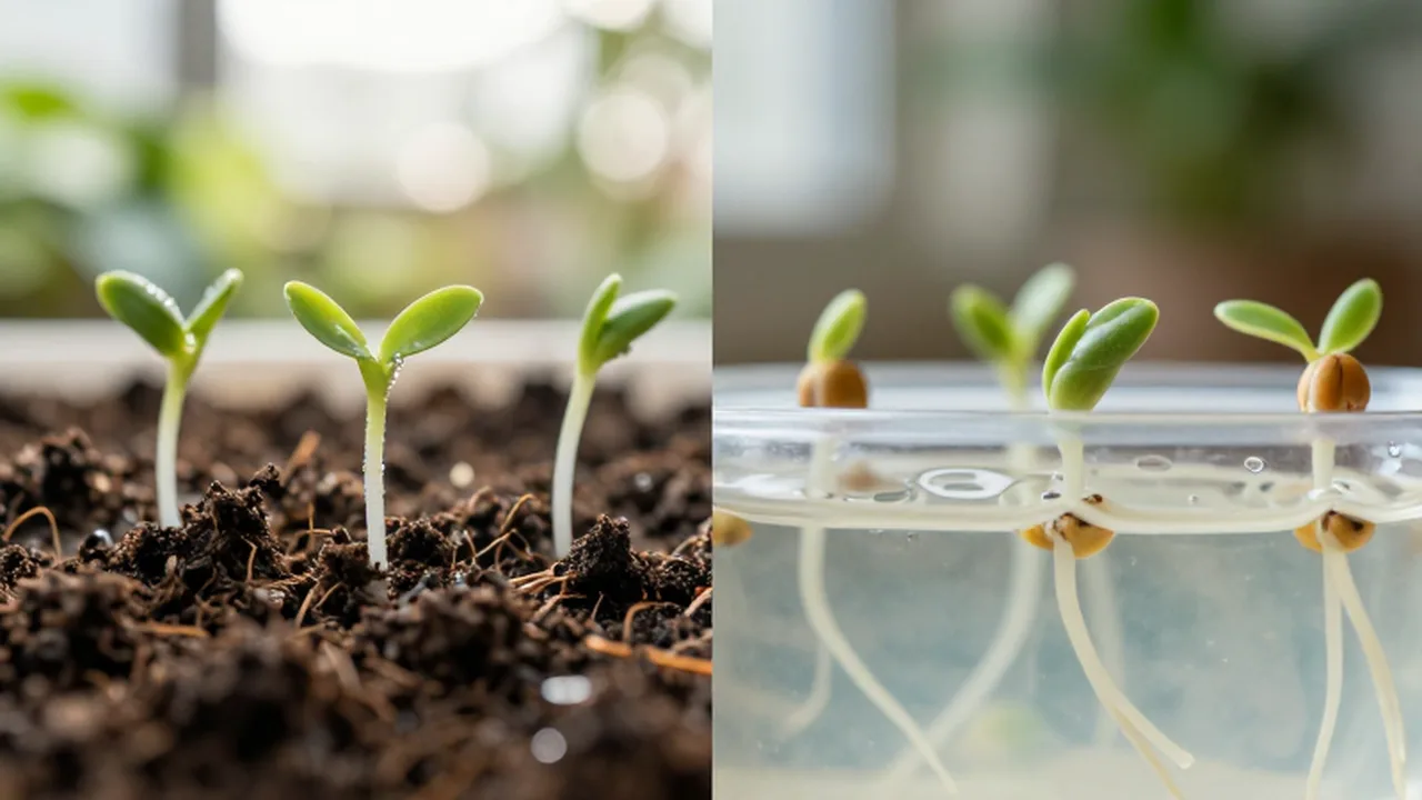 Comparación detallada de semillas germinando en tierra orgánica frente a un sistema hidropónico con agua.