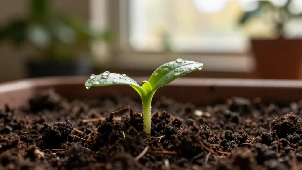 Pequeño brote verde con gotas de agua emergiendo de la tierra húmeda bajo la luz del sol.
