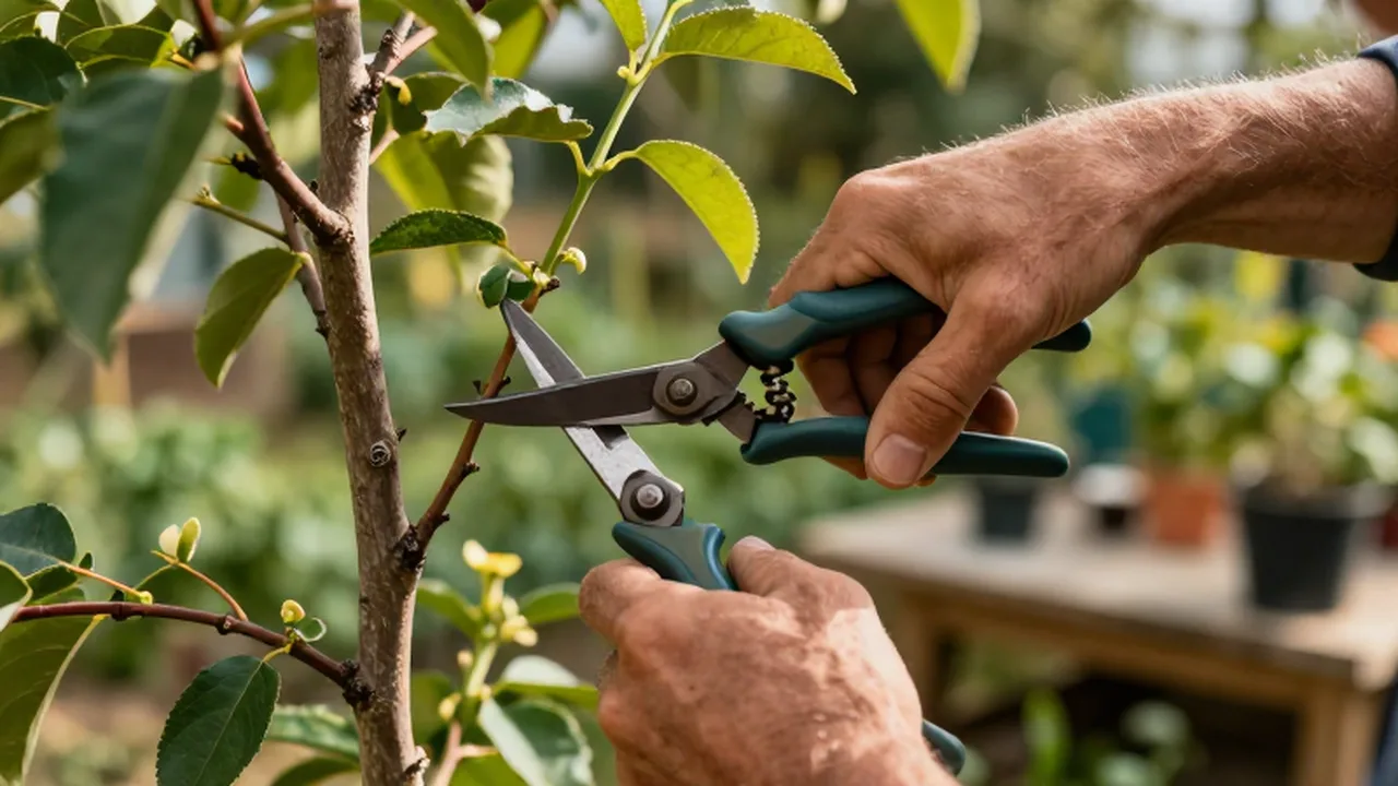 Manos de un jardinero podando con tijeras las ramas de un joven árbol frutal.