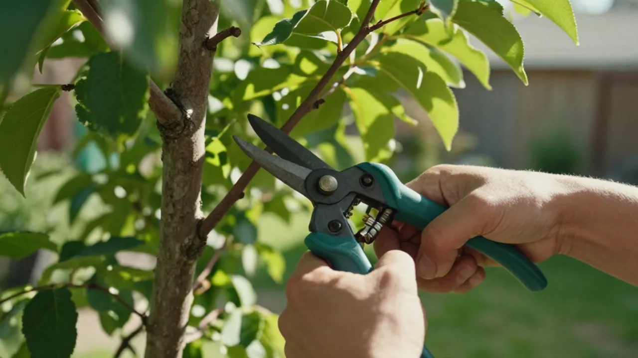 Manos de un jardinero podando con tijeras la rama de un pequeño árbol frutal.