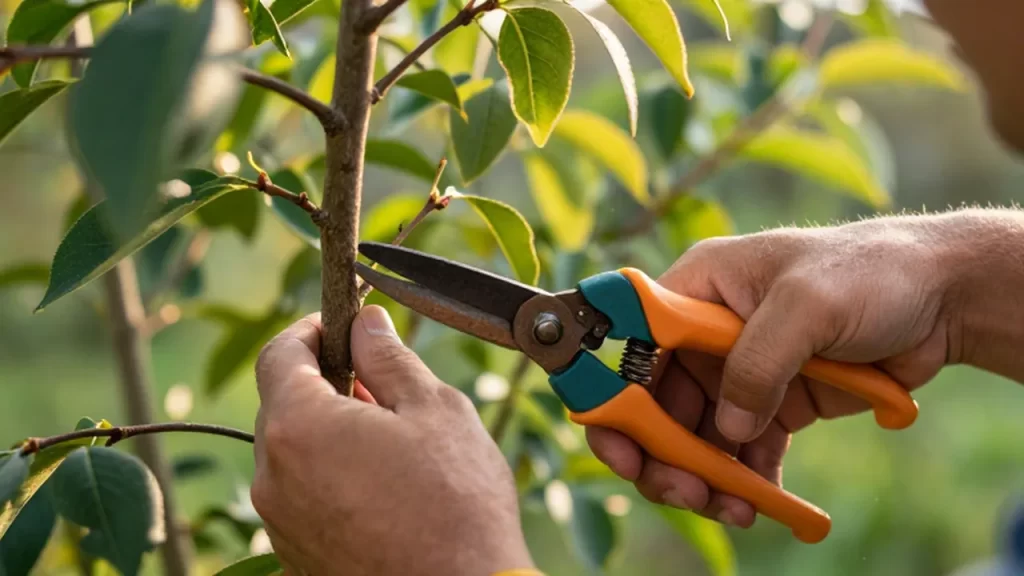 Manos de un jardinero podando con tijeras profesionales la rama de un pequeño árbol frutal.