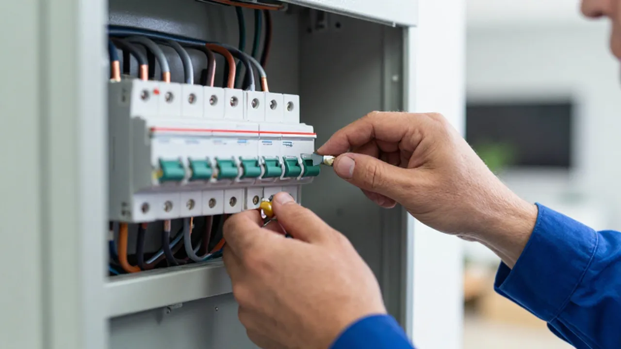 Manos de un electricista inspeccionando cuidadosamente los cables y disyuntores de un cuadro eléctrico.