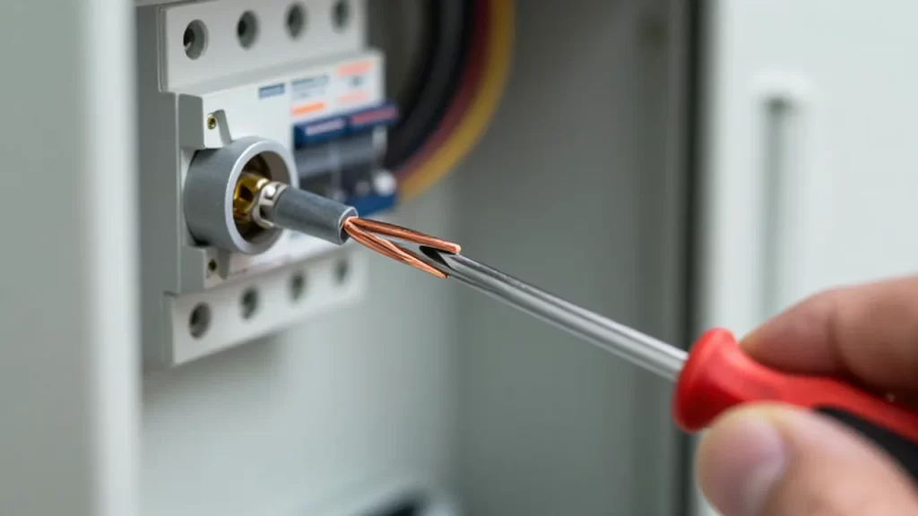 Manos de un electricista asegurando un cable de cobre a la toma de tierra en un cuadro eléctrico.