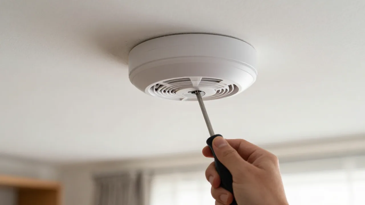 Persona realizando el mantenimiento de un detector de humo en el techo de una vivienda.