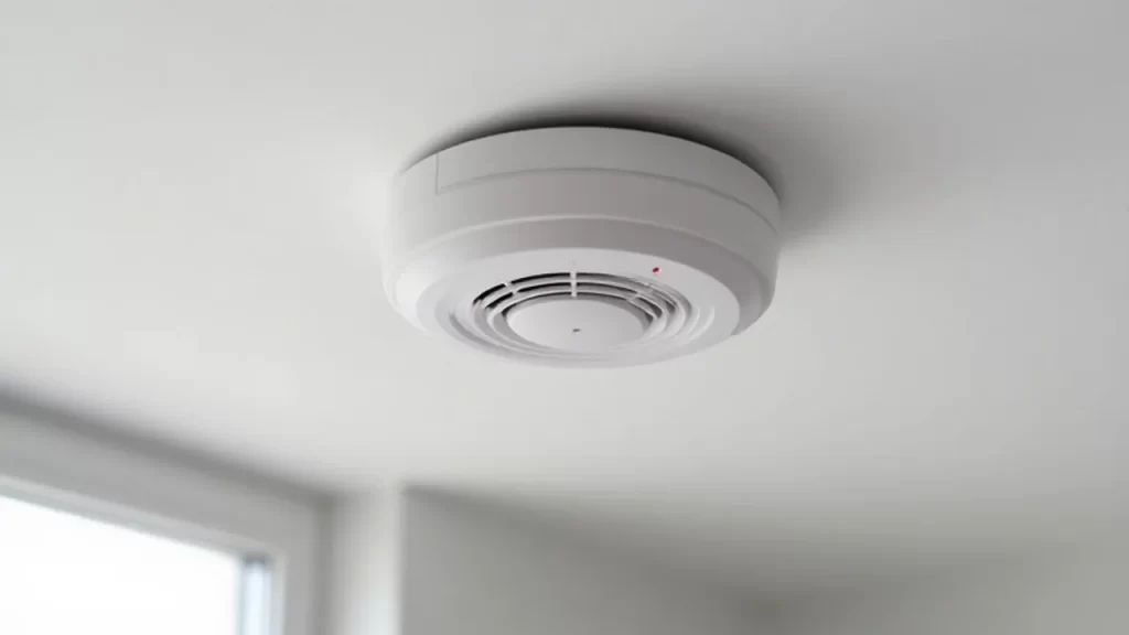 Detector de humo blanco con una luz LED roja encendida en un techo limpio.