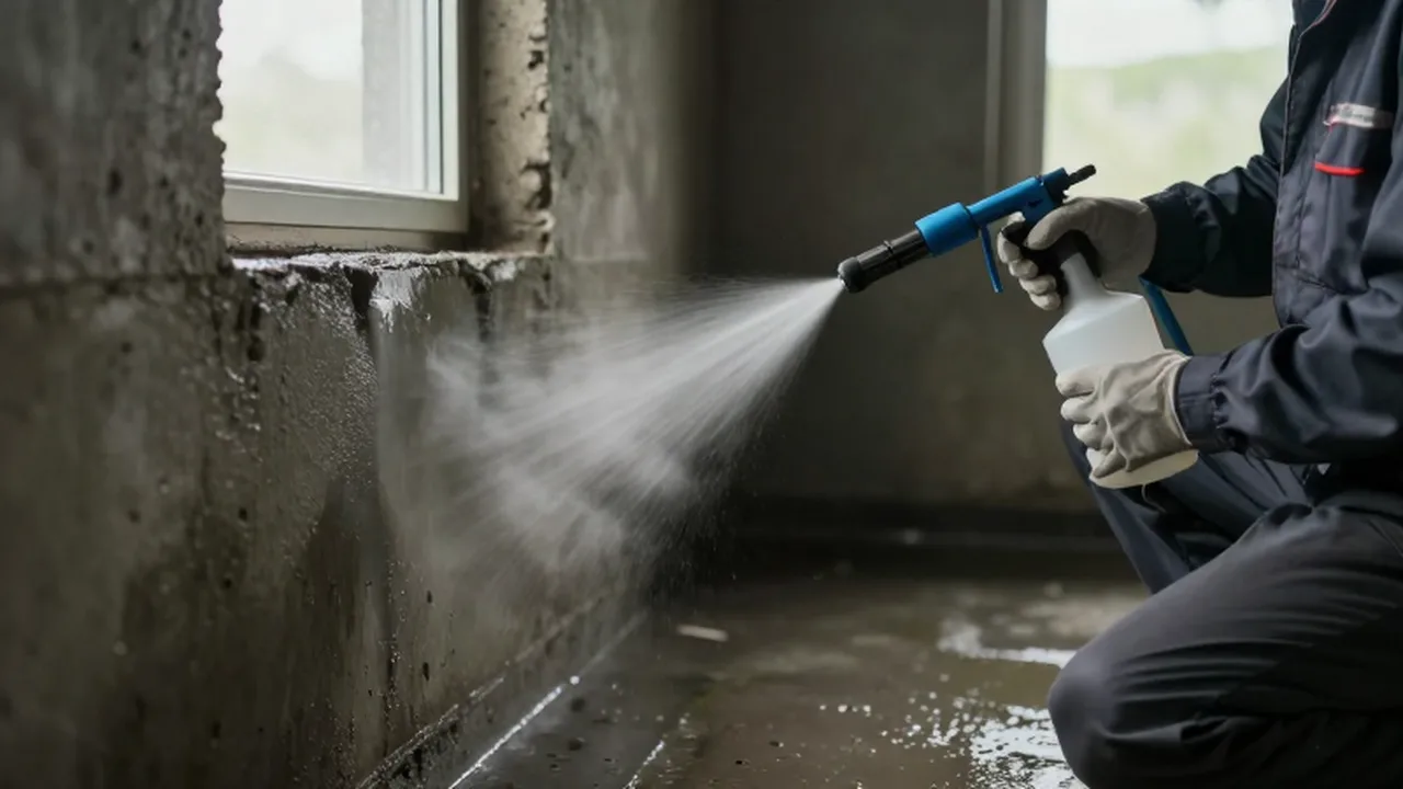 Técnico aplicando una capa protectora con pulverizador sobre la base de hormigón en un sótano.